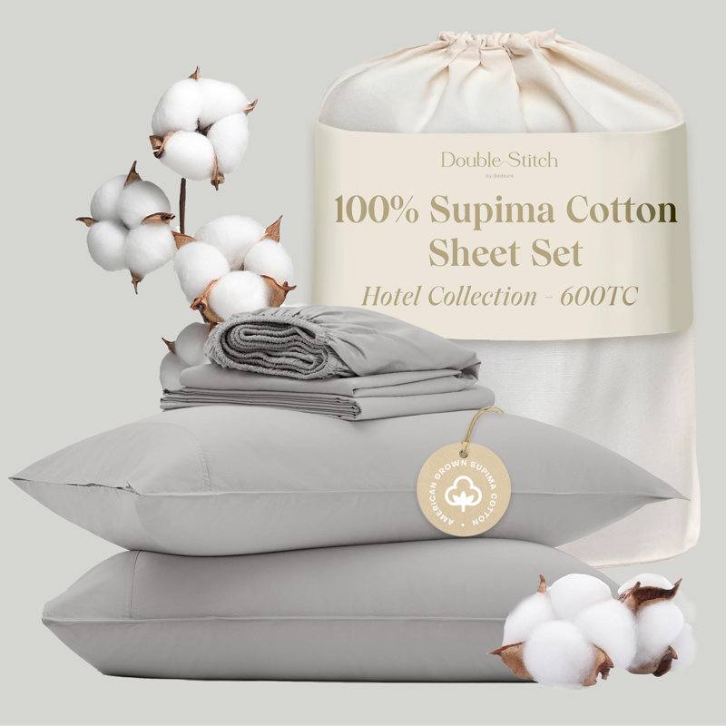 Double Stitch 100% Supima Cotton Sheets Set, Winter Sky, California King Sheet Set