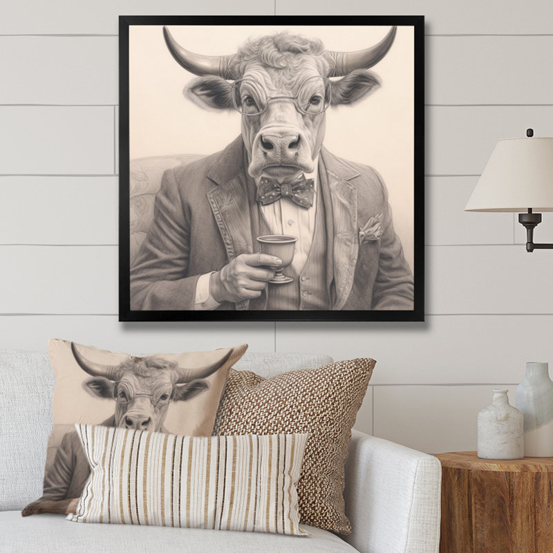 " Cow Having A Drink I ", Black Single Picture Framed, 36" H x 36" W x 1.5" D
