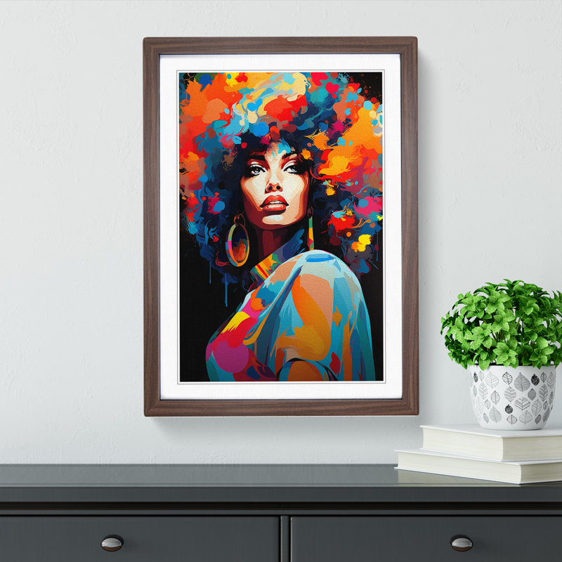 Woman With Curls Pop - Single Picture Frame Print on Wood, Walnut, 64cm H x 46cm W x 2cm D
