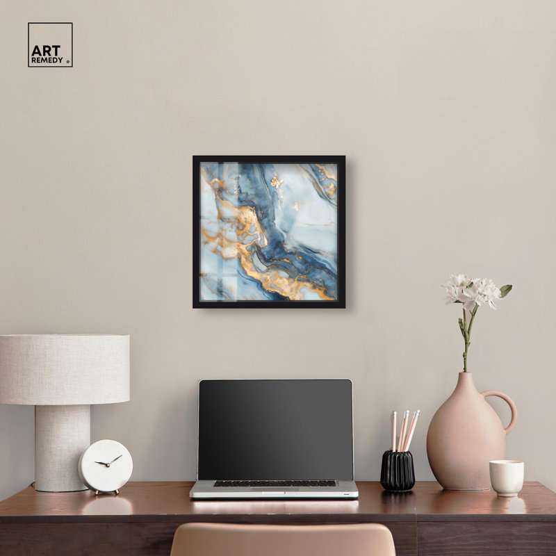 «Golden Cloud Marble Shadowbox», art abstrait bleu par Art Remedy, H 17 po x l 17 po, Noir