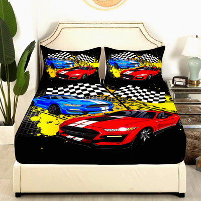 Speed Grid Racing Car Queen Size Fitted Sheet Set - Red Decorative Bedding with All-Round Elastic Pocket for a Cool Racing Car Theme.