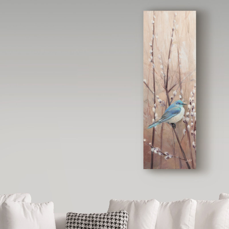 Blue Bird on Branch Framed Canvas Art, 10" x 32"