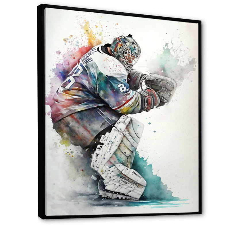 Hockey Gardien pendant le jeu IV - Impression sur toile, H 20 po x l 12 po x P 1 po, Cadre flottant noir