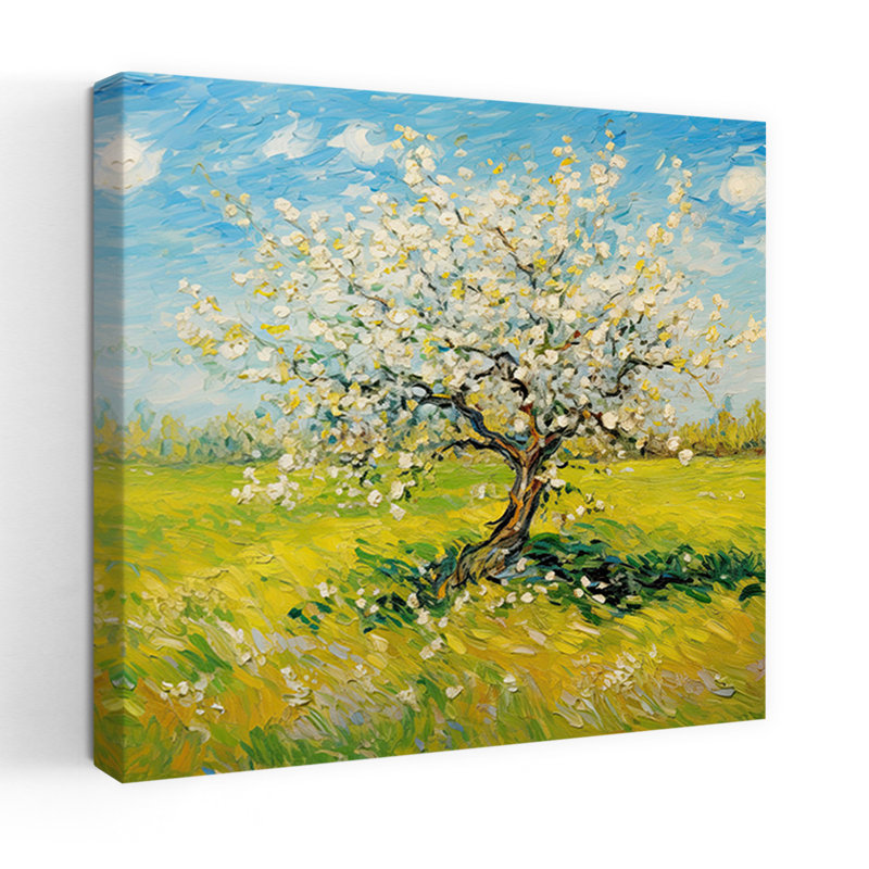 Pommier dans un champ blanc, paysage serein vibrant de cerisiers abstraits, art mural