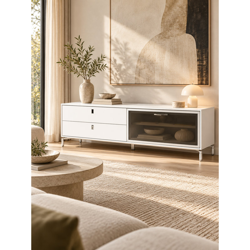 Meuble télé pour téléviseur de 65 po ou moins Pangea Home Fred, Blanc