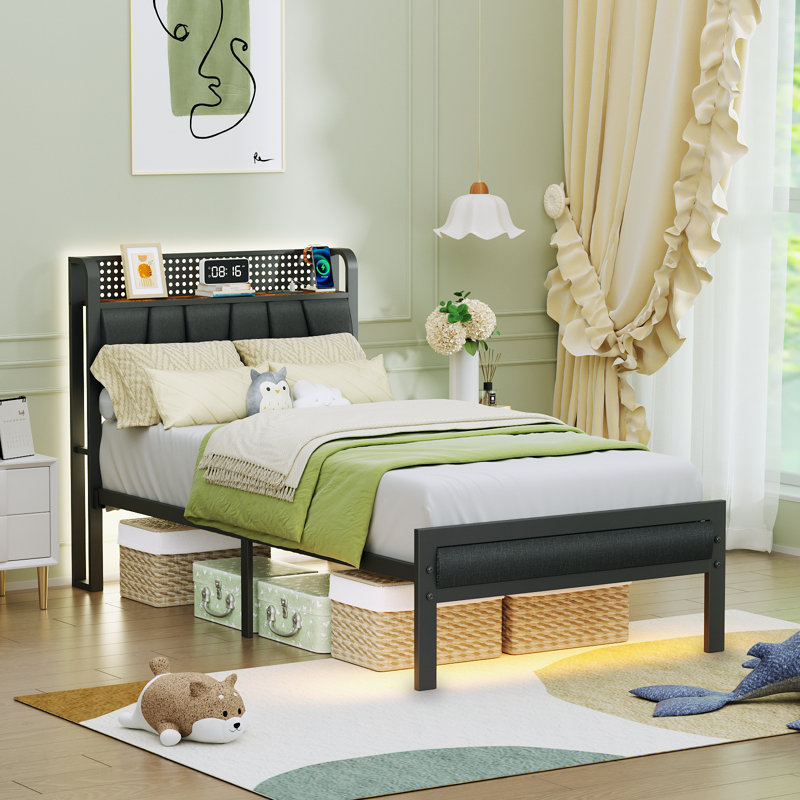 Metal Storage Bed with Upholstered Headboard, RGB LED Lights and Charging Station, Twin