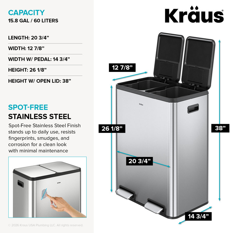 Poubelle de cuisine à double compartiment 15,8 gallons / 60 litres Kraus, Acier inoxydable