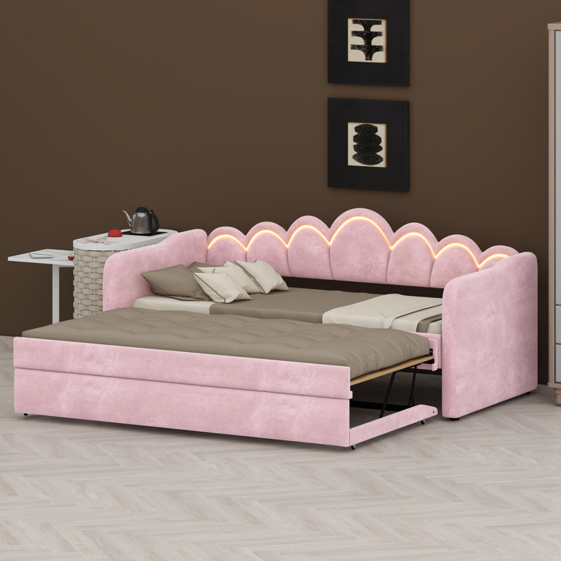 Modern Upholstered Daybed with Integrated LED Lighting and Convertible Trundle, Pink
