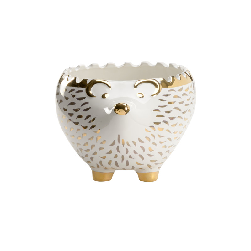 Hedgehog Ceramic Planter, White/Gold