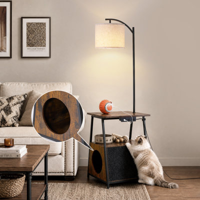 Lampe sur pied 62 po en bois moderne avec abat-jour tambour en tissu Balck, table intégrée et trou pour animaux de compagnie, lumière à intensité variable