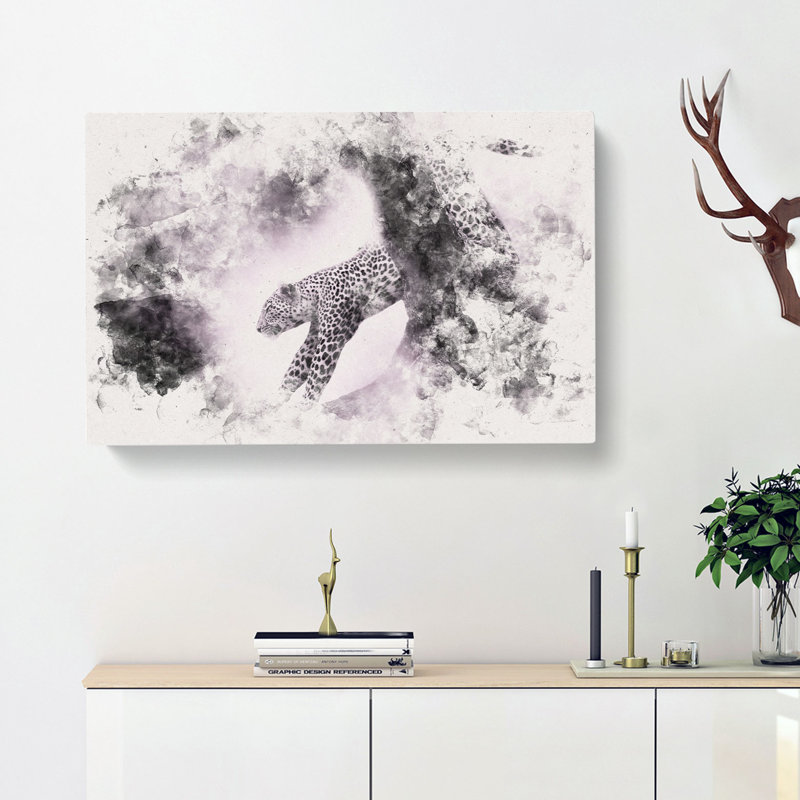 Leopard Climbing From A Tree - Wrapped Canvas, 35cm H x 50cm W x 3cm D, Grey