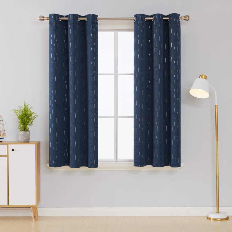 Foil Print Striped Blackout Thermal Insulated Grommet Curtains (Set of 2), 42" W x 84" L, Navy Blue