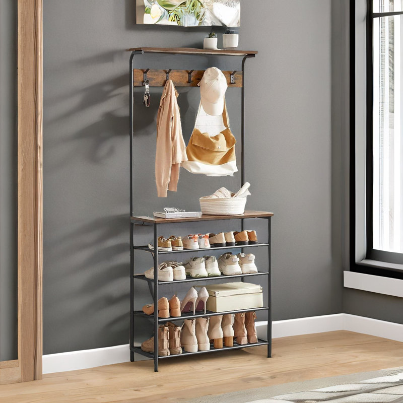 Lundell Hall Tree 80 Wide Shoe Rack with Hooks Industrial Black/Rustic Brown Hallway Furniture