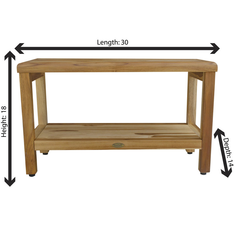 Rectangular Teak Shower Bench With Shelf, Natural, 18" H x 30" W x 14" D