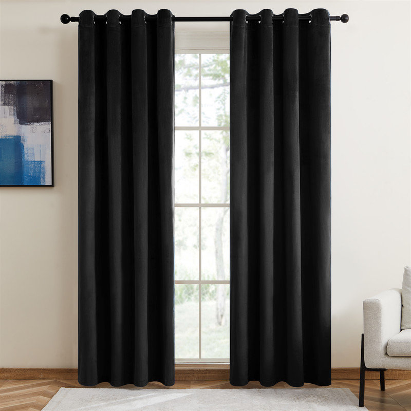 Ike Velvet Solid 80% Blackout Grommet Curtain Panels, Thermal Insulated Soundproof Drapes (Set of 2), 52" W x 108" L, Black