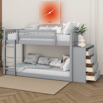 Twin Over Twin Bunk Bed With 4 Drawers And 3 Shelves, Wood Bunkbed With Guard Rail & Ladder For Student Dorms, Studio