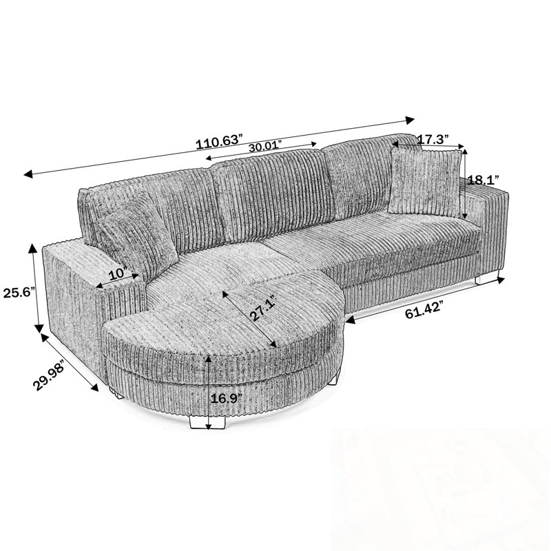 L-Shaped Sectional Sofa With Pillows And Ottoman, Gray Corduroy