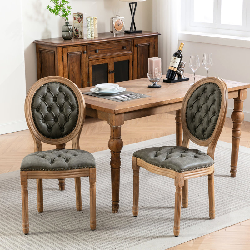 Antique-Style Solid Wood Dining Chairs, 2 Units, Pu Leather Covering, Handmade Details, Colour Comfortable 2 , Structure, Seat, Sponge Spring Cushion, Greenish