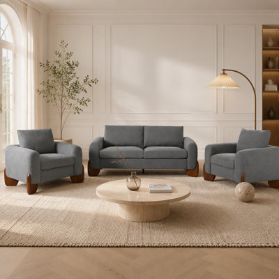 U_Style Modern 3-Piece Living Room Sofa Set, 1 Loveseat & 2 Armchairs, Soft Bouclé Fabric, Pinewood Frame & Rubberwood Legs, Comfortable Modular Sofa