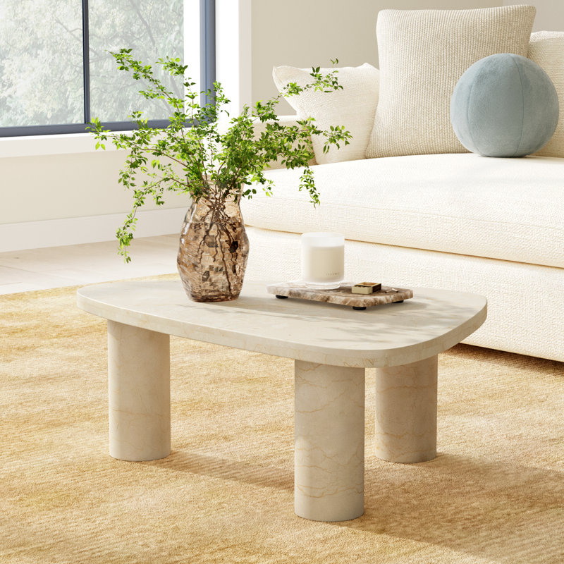 Moraga 3 Legs Coffee Table, 15" H x 48" L x 30" W, Cream Marble