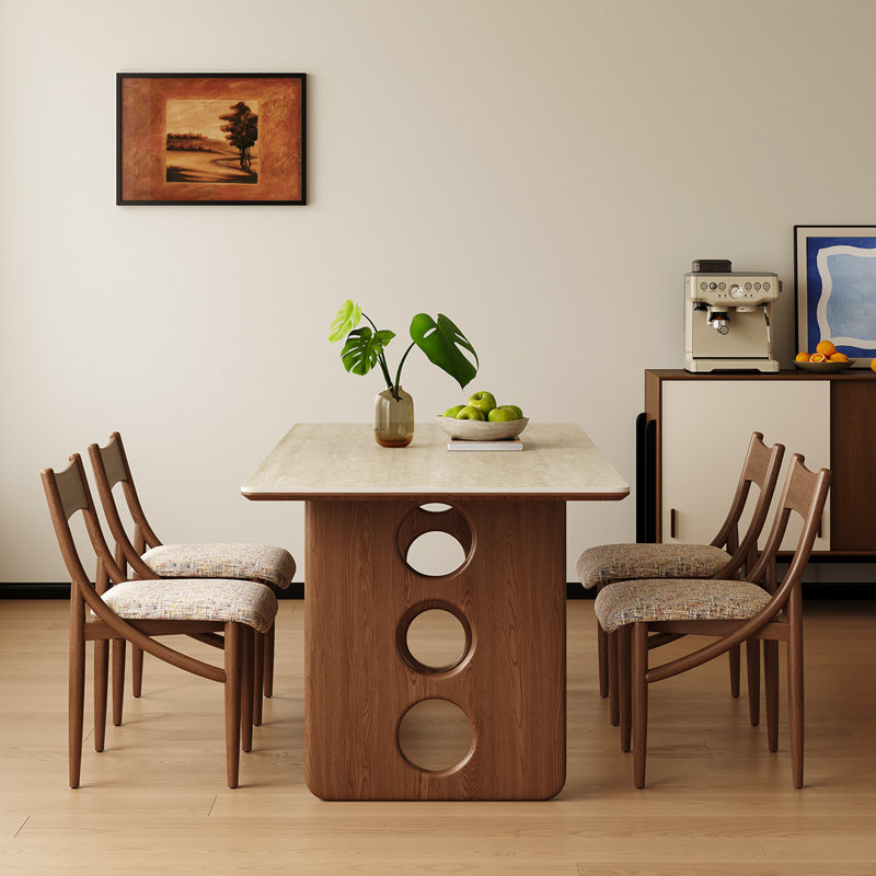 Table de table en pierre frittée avec base en bois de frêne massif, table de salle à manger ronde résistante à la chaleur et aux égratignures