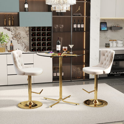 36" Modern Tempered Glass Bar Table Set with Velvet Adjustable Swivel Bar Stools, Metal Base