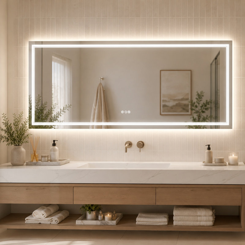Grand miroir de salle de bain 72 po x 32 po à DEL pour meuble-lavabo double, miroir anti-buée avant et rétro-éclairé