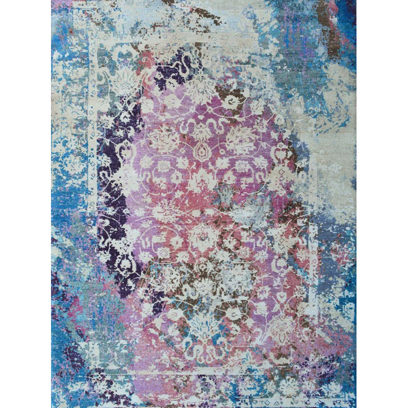 Tapis bleu à motif rétro rose Barcelona, Rectangle 3 pi 9,81 po x 6 pi 6,74 po