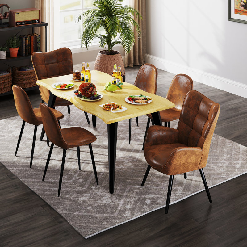 7 Pieces Modern Dining Table Set with Wave-Edge Table Dining Chair Contemporary Dining Room Home Dining Furniture, Brown