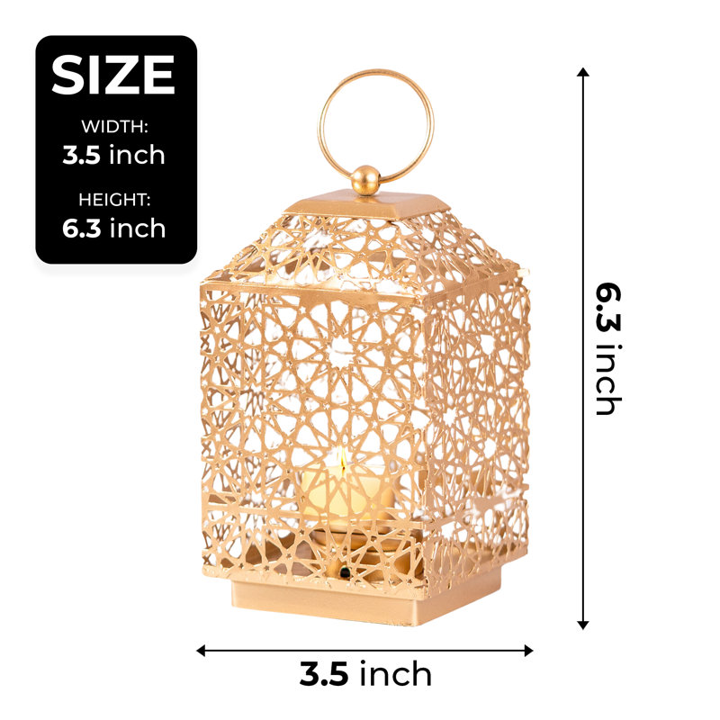 Golden Lantern Candle Holder, 7" Metal and Glass Holder, Indoor Outdoor Decor with 1 Tealight Candle, Gifts