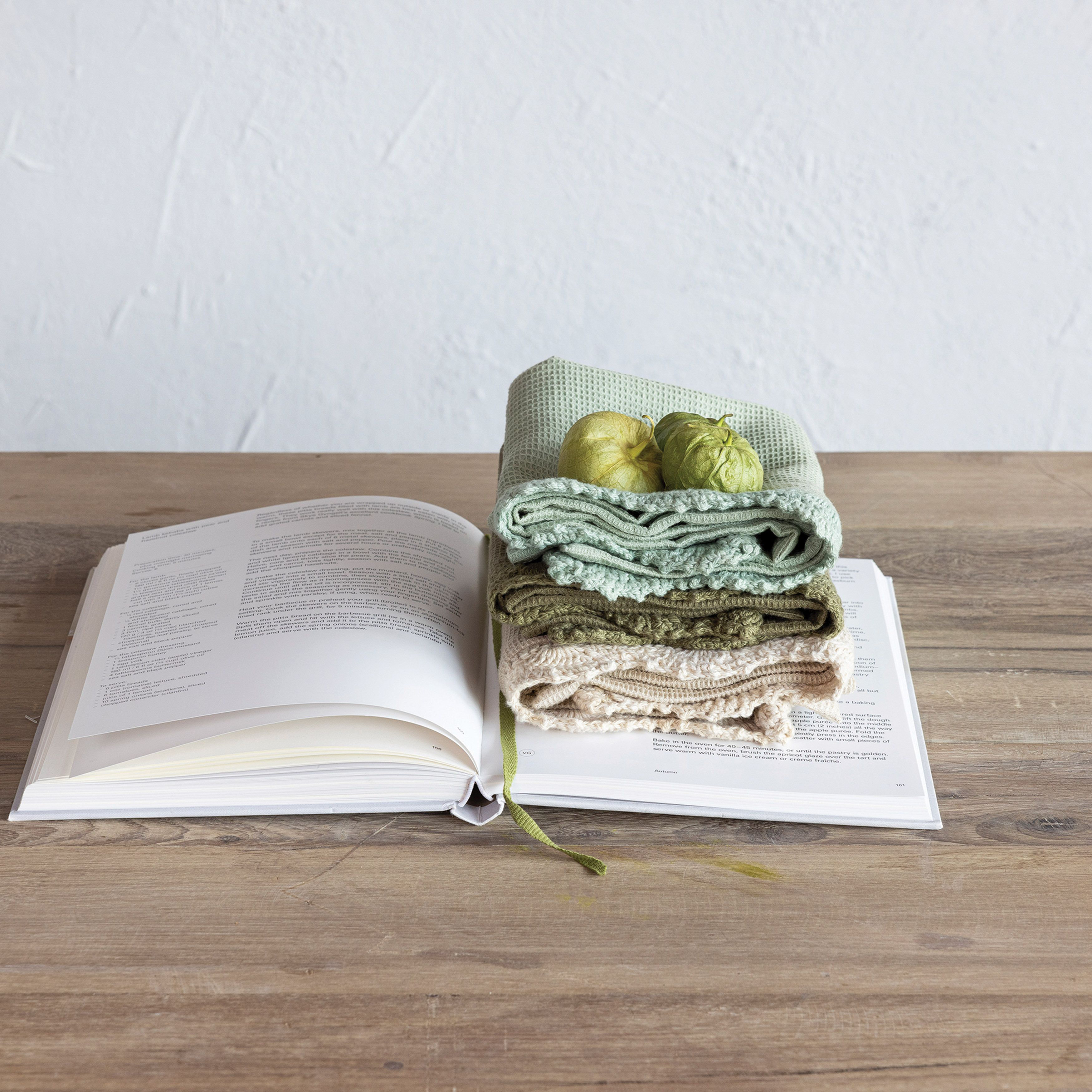Woven Cotton Waffle Tea Towel w/ Pattern & Stitched Edge | 3 Colors