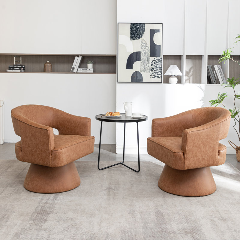 Kiersten Faux Leather Swivel Barrel Chair, Brown Faux Leather, 2