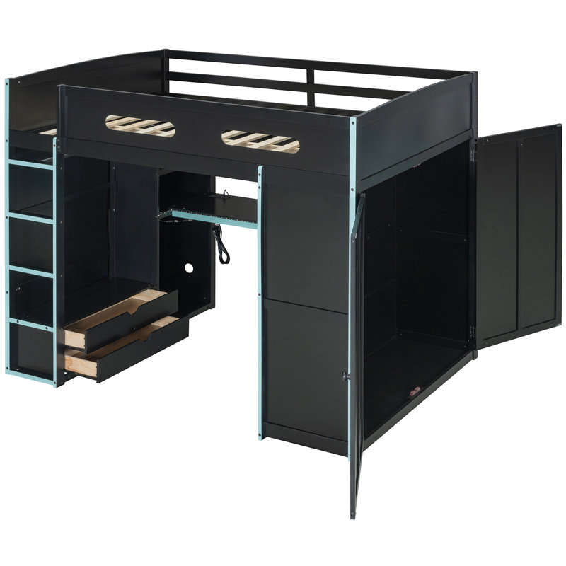 Lit double en bois pour jouer avec lit mezzanine, bureau, gestion des câbles et éclairage pour une chambre de jeu, Blue