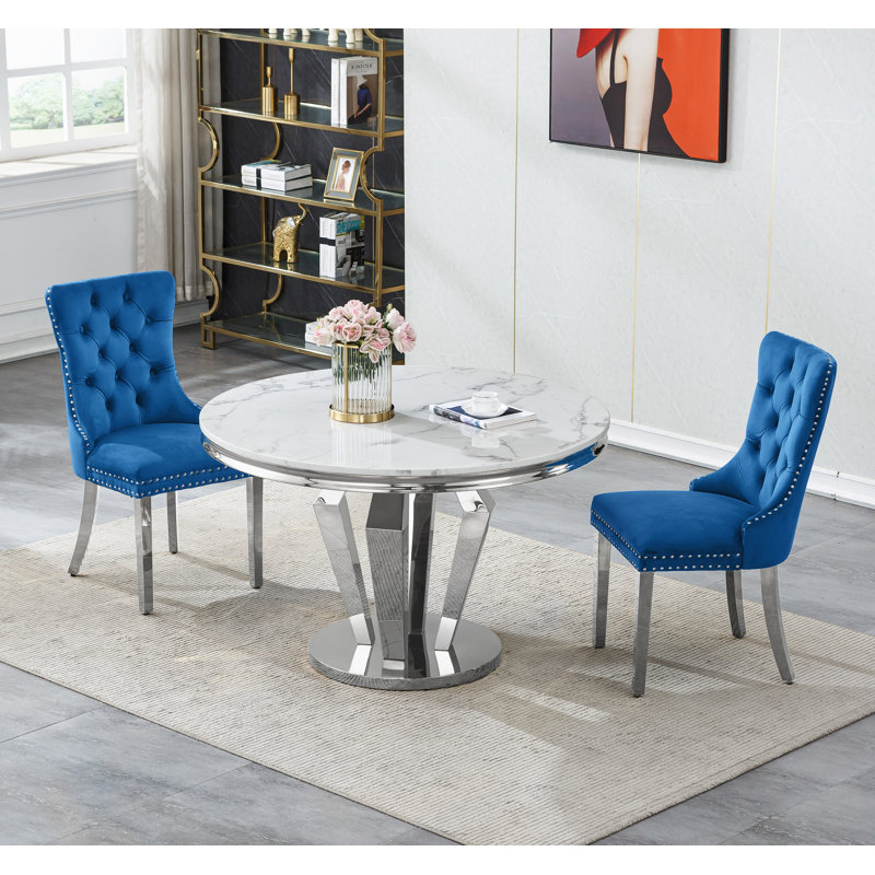 White Marble Dining Table, Luxurious 44.88" Round Dining Room Table with Printed Marble Top and Diamond Shape Stainless Steel Pedestal, Modern Circle Kitchen Table for 6