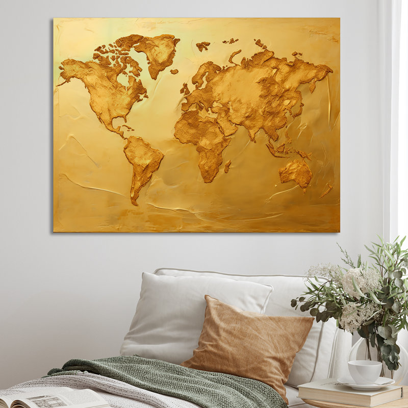 Carte du monde doré, impression sur toile encadrée, Toile tendue, H 16 po x l 32 po x P 1 po