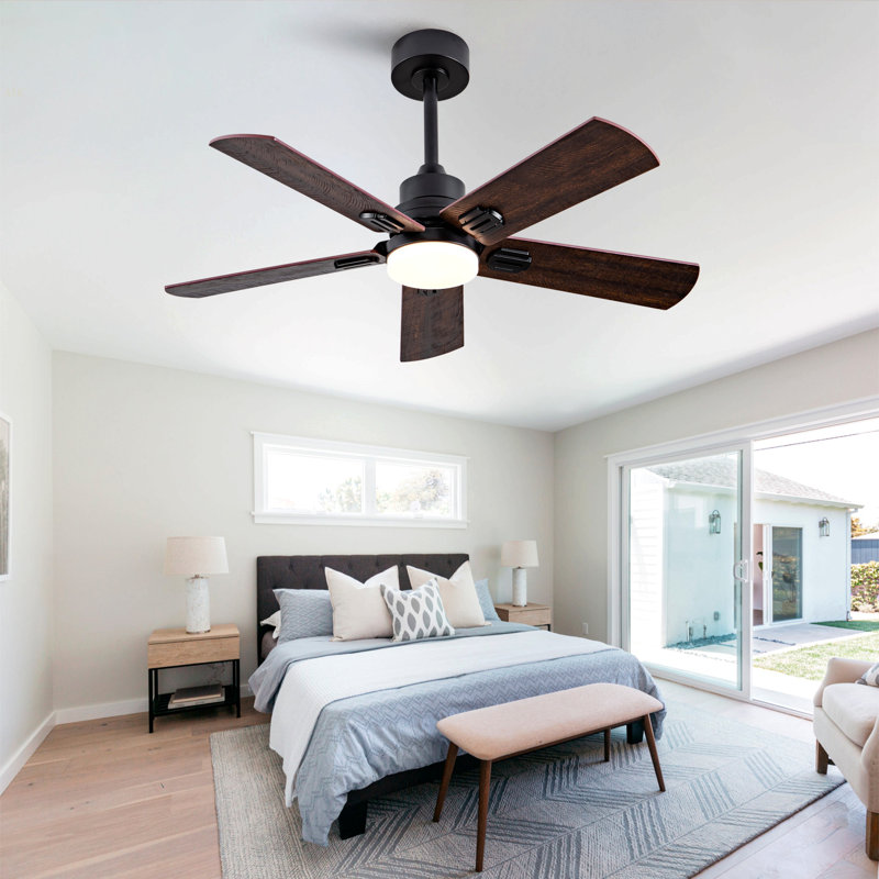 Smart 42" Indoor/Outdoor Ceiling Fan With Light, Dual Finish Black/Walnut 6-Blade, Remote  Control, Dimmable LED, 6-Speed Quiet DC Motor, Reversible