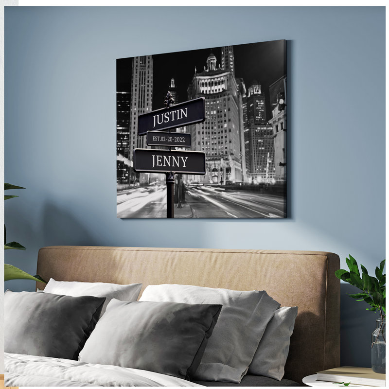 Art mural sur toile avec panneau personnalisé avec nom et date - Chicago City Lights Skyline, anniversaire moderne ou cadeau de mariage