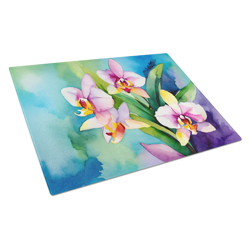 Orchids in Watercolor Glass Cutting Board Large