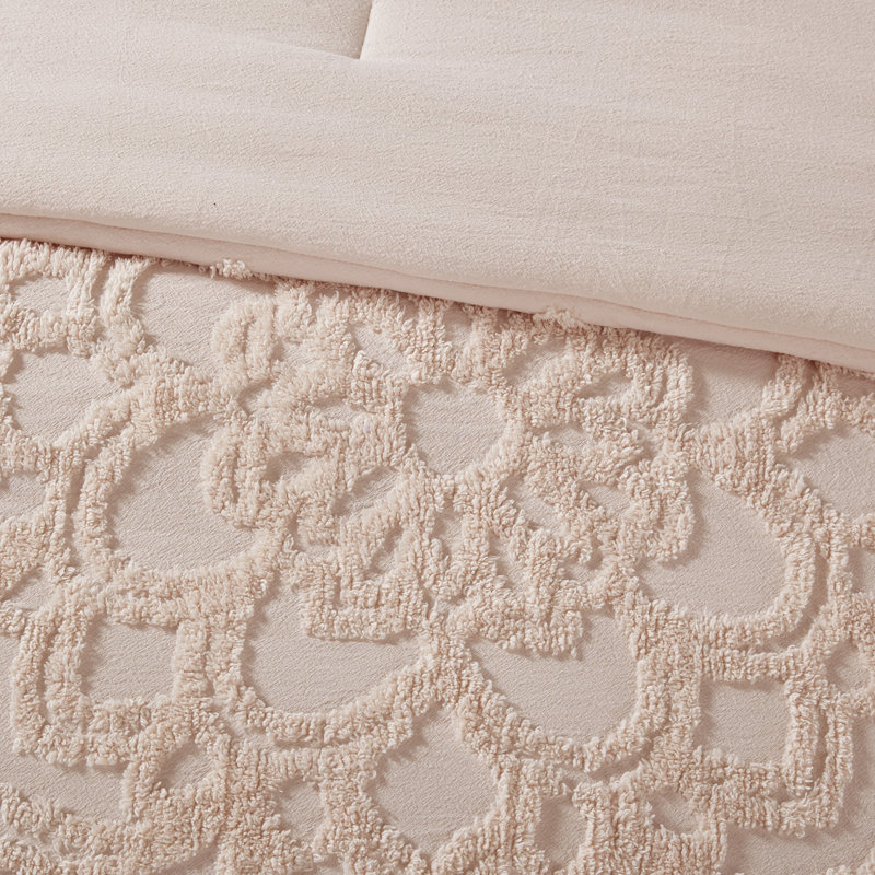 Laetitia Tufted Chenille Cotton Medallion Fringe Coverlet Set, Queen Coverlet + 2 Standard Shams, Blush