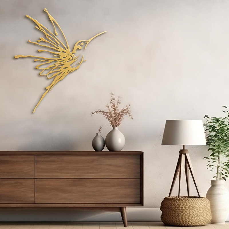 Elegant Flying Humming Bird, Modern Living Room Wall Sculpture, Black Gold Metal Wall Art Home Decor, 24" H x 24" W x 0.05" D