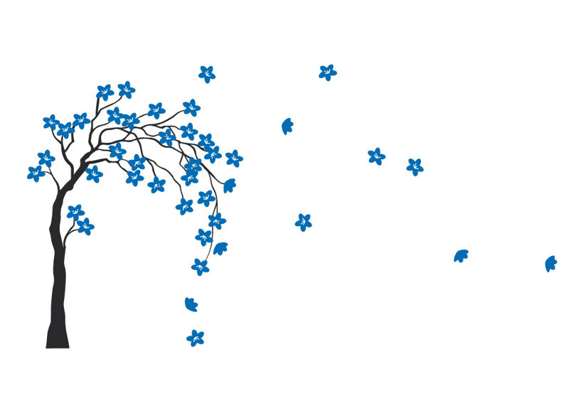 Décalcomanie murale arbre dans le vent, H 27 po x l 50 po x P 0,01 po, Noir / Bleu