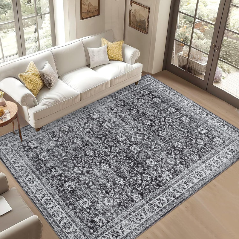 5x7 Washable Area Rugs Soft Vintage Floral Large Rug Foldable Low Pile Indoor Floor Carpet Farmhouse Non-Slip Throw Rugs Dining Room Charcoal Grey