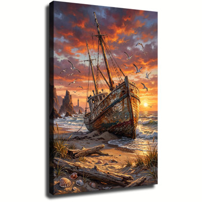 Tableau sur toile représentant un bateau de pêche abandonné, un coucher de soleil sur la plage et un paysage marin