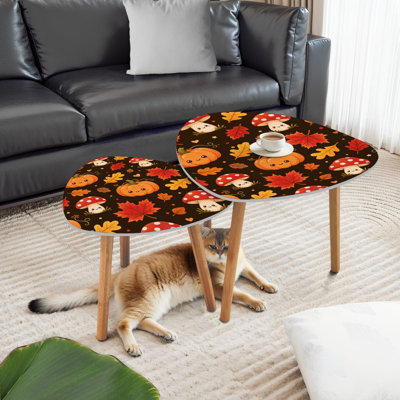 Triangle Nesting Coffee Table Set of 2 Cute Autumn Pumpkins Mushrooms Colourful Leaves Dark End Table Modern Minimalist Side Table Set for Living Room Bedroom