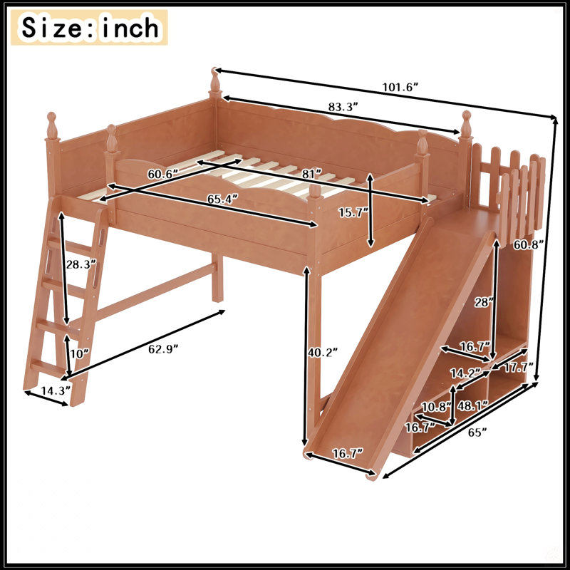 Grand lit mezzanine avec rangement, garde-robe, glissade amovible et échelles, aucun sommier nécessaire, bleu et blanc, Queen