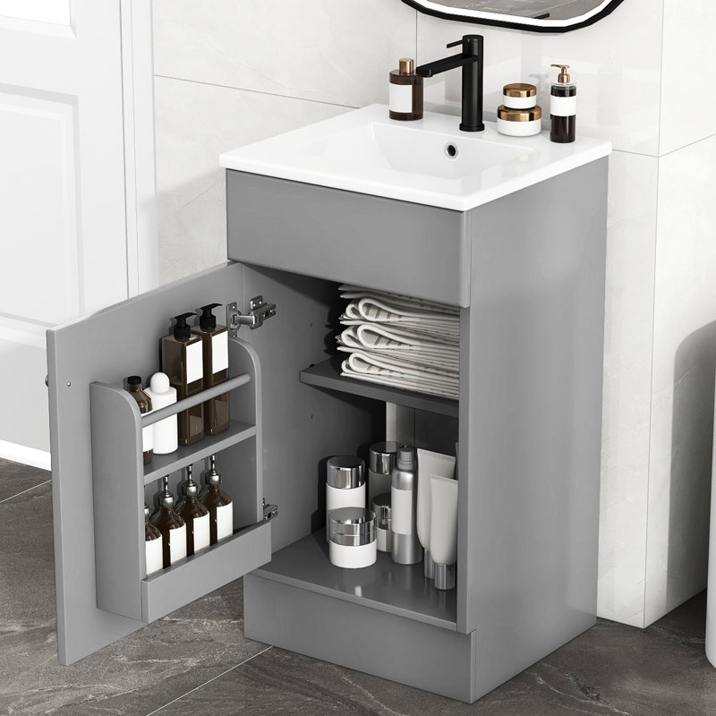 Meuble-lavabo gris de 18 po - construction durable Lavabo en céramique avec étagère réglable anti-déversement, Gris