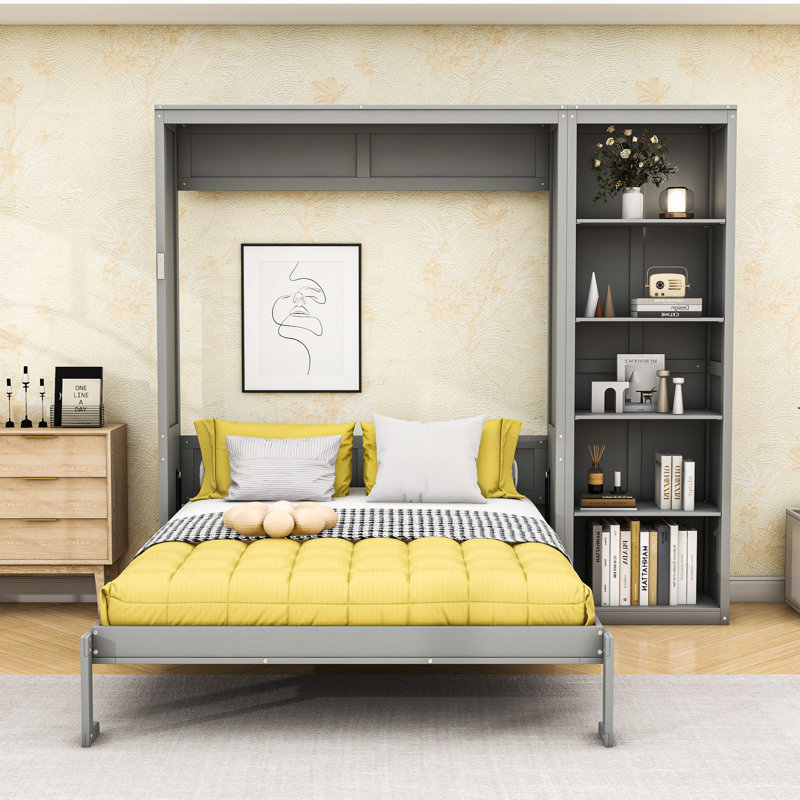 Lit escamotable en bois avec tablettes multifonctionnelles, Gris, Double