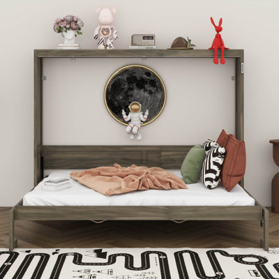 Full Size Murphy Bed With LED Light, Wood Hidden Foldable Wall Bed, Hidden Wall Cabinet Murphy Bed