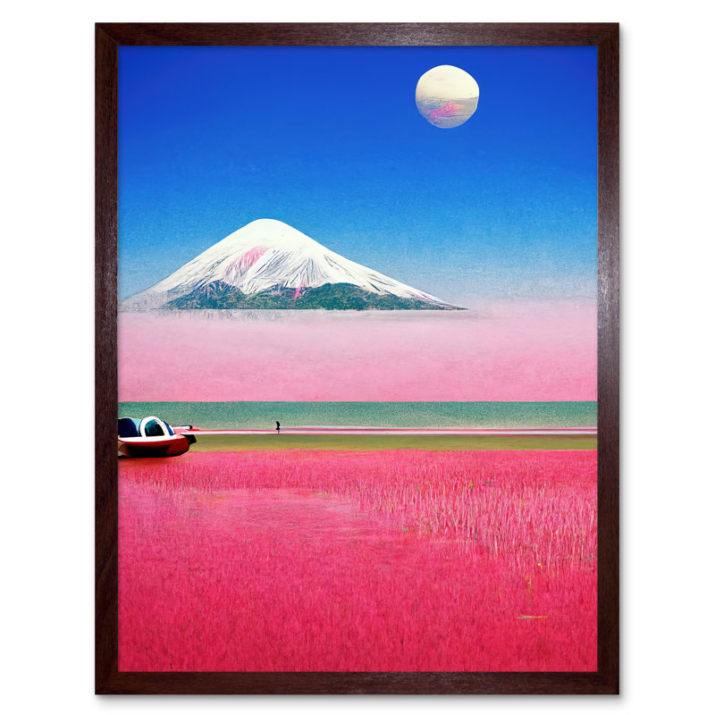 Surrealist Japanese Mount Fuji Landscape - Painting, 43cm H x 33cm W, Brown Framed Paper