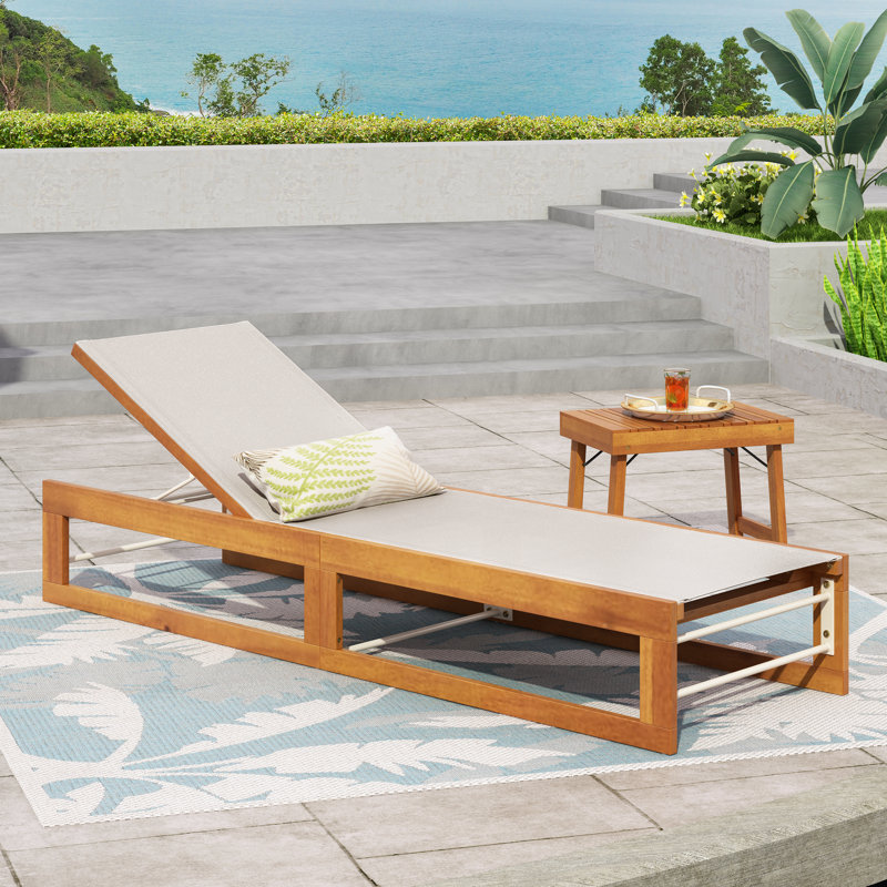 Arvada Outdoor Wood Chaise Lounge, Beige Mesh/Teak Frame, 1